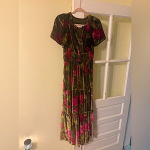Anthropologie Green and Pink Floral Velvet Maxi Dress with Pockets